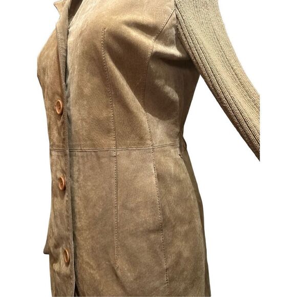 Twiggy Womens Leather Coat with Wool Blend Knit Sleeves Hip Length Retro Size M - Picture 8 of 16